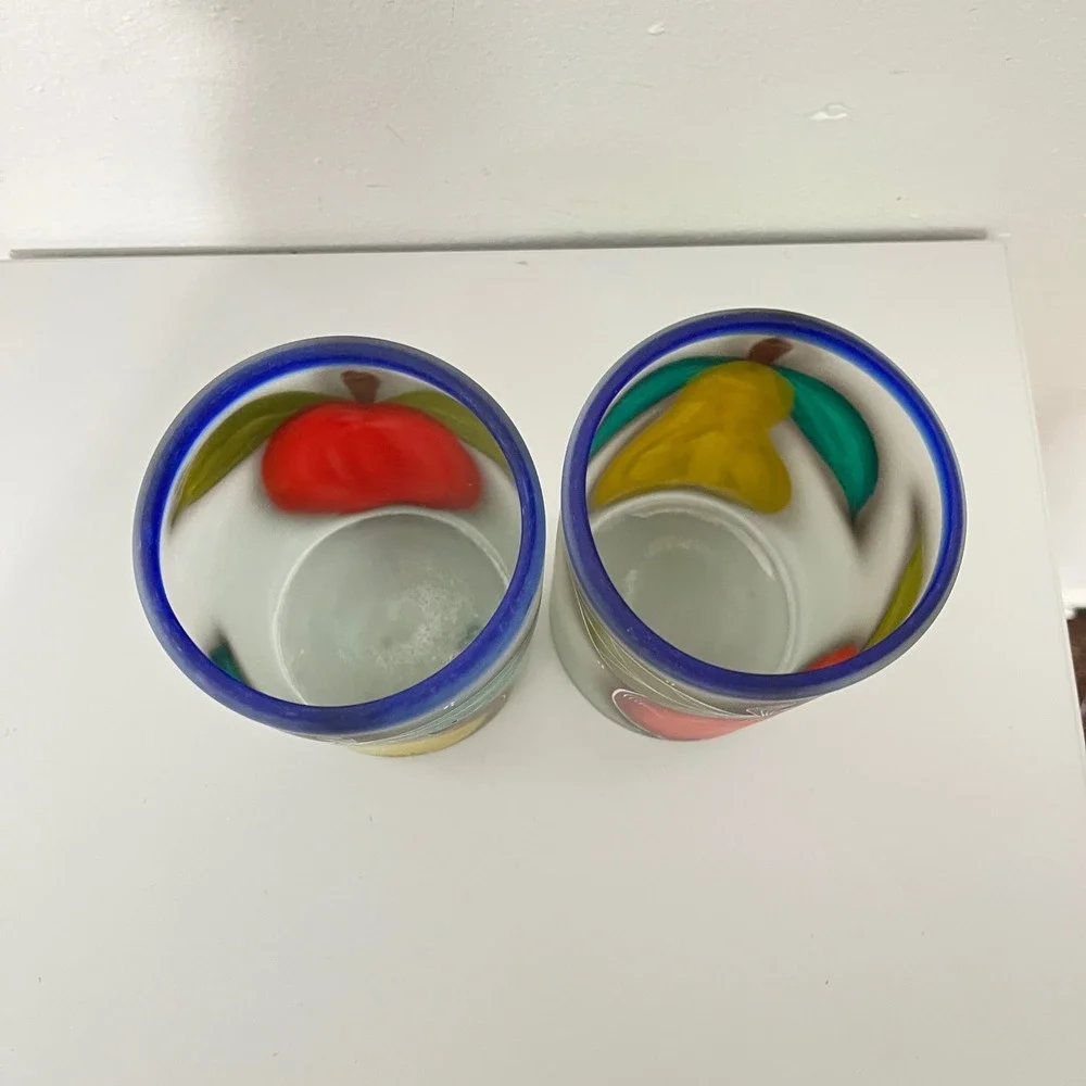 Vintage Mexican  Frosted Glass Tumblers  Multicolor Vintage Fruit Set of 2